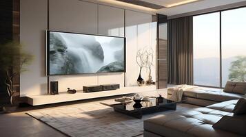 AI generated luxury and modern living room with tv set on wall photo