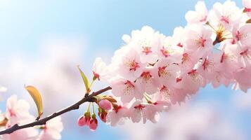 AI generated Cherry blossom on blue sky background. Soft focus with vintage filter photo