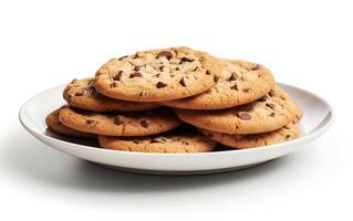 ai generado chocolate chip galletas en un plato aislado en un blanco antecedentes. foto