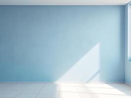 AI generated Empty room with blue wall and sunlight. Mock up, 3D Rendering photo
