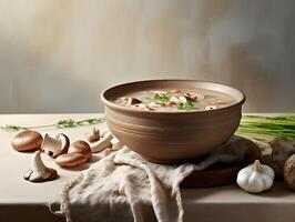 AI generated Mushroom soup in a ceramic bowl on a light background. photo