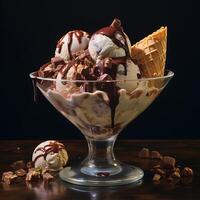 AI generated ice cream in glass bowl with chocolate and vanilla ice cream on wooden table photo