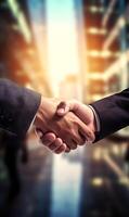 AI generated Close up of business people shaking hands on blurred background. Partnership concept photo