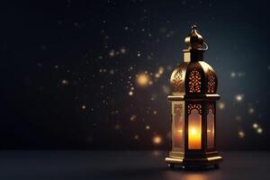 AI generated Ramadan Kareem greeting card. Arabic lantern on dark background. photo