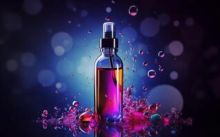 AI generated Cosmetic bottle with pipette and bubbles on dark background. 3d illustration photo