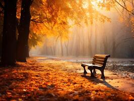 AI generated Wooden bench in the autumn park at sunset. Beautiful landscape. photo