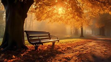 AI generated Wooden bench in the autumn park at sunset. 3d rendering photo