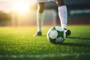 ai generado de cerca de piernas de fútbol americano jugador en pie en el verde césped de un fútbol estadio foto