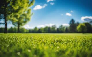 AI generated Green grass in the park with sunlight and bokeh background, shallow depth of field photo