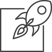 Rocket spaceship launching out of square box, space, fast shipping, delivery logo vector line art icon.