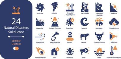 Natural disasters and weather events solid duotone flat icon pack with 24 isolated icons vector