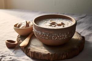 AI generated Bowl with tasty mushroom soup and ingredients on table against light background photo