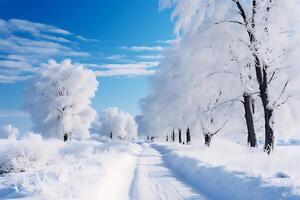 ai generado invierno paisaje con arboles en escarcha, la carretera y azul cielo foto