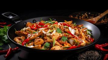 AI generated stir-fried chicken with vegetables in a wok on dark background photo