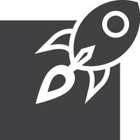 Rocket spaceship launching out of square box, space, fast shipping, delivery logo vector solid black icon.