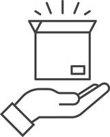 Hand holding glowing open box, delivery, surprise, shopping vector logo line art icon.