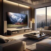 ai generado moderno vivo habitación interior diseño con televisión conjunto en pared foto