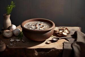 AI generated Bowl with tasty mushroom soup and ingredients on table against light background photo
