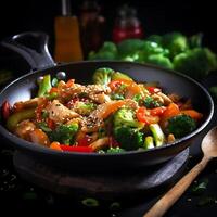 AI generated stir-fried chicken with mushrooms and vegetables on a black background photo