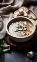 AI generated Mushroom soup in clay pot on wooden table, closeup photo