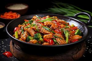 AI generated stir-fried chicken with vegetables and sesame on wooden background photo