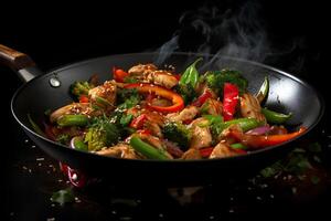 AI generated stir-fried chicken with vegetables in a wok on dark background photo