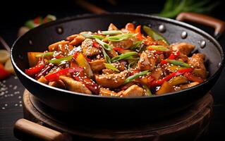 ai generado salteado pollo con vegetales en un wok en oscuro antecedentes foto