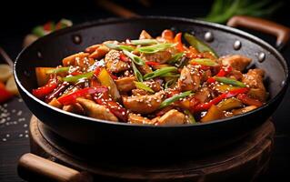 AI generated stir-fried chicken with vegetables in a wok on dark background photo