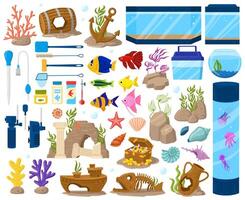 acuario submarino algas y pez, dibujos animados acuarios equipo. submarino mascotas, pez de colores o guppy vector ilustración colocar. dibujos animados acuario accesorio