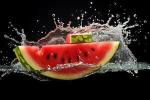 AI generated Watermelon with water splash isolated on black background. Fresh fruit. photo