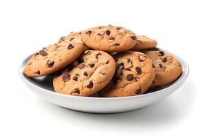 ai generado chocolate chip galletas en un plato aislado en un blanco antecedentes. foto