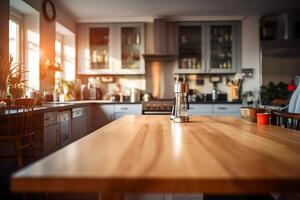 AI generated Table Top And Blur Interior of Modern Kitchen. 3d Rendering photo