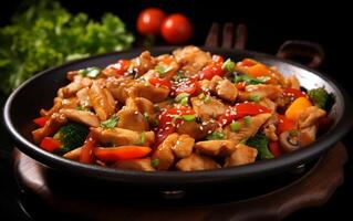 AI generated stir-fried chicken with vegetables and sesame on wooden background photo