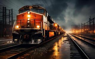 ai generado ferrocarril y carga tren a atardecer, transporte y logística concepto. foto