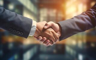 AI generated Close up of business people shaking hands on blurred background. Partnership concept photo