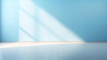 AI generated Empty room with blue wall and sunlight. Mock up, 3D Rendering photo