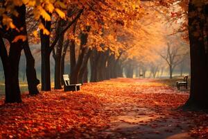 ai generado banco en el parque con otoño hojas en el suelo. otoño paisaje. foto