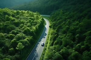 ai generado aéreo ver de autopista en el bosque. parte superior ver desde zumbido. foto