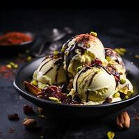 AI generated Scoops of pistachio ice cream in bowl on dark background photo