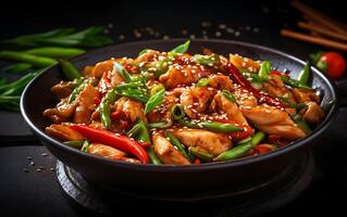 AI generated stir-fried chicken with vegetables in a wok on dark background photo