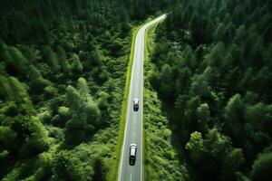 AI generated Car driving on the road through the forest. 3d rendering. photo