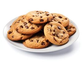 AI generated Chocolate chip cookies on a white plate isolated on white background. photo