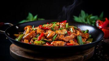 AI generated stir-fried chicken with vegetables and sesame on wooden background photo