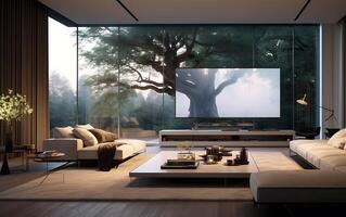 AI generated 3d rendering luxury and modern living room with tv set on wall photo