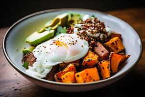 AI generated Baked sweet potato with poached egg in a bowl on dark wooden background photo