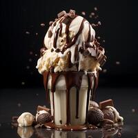 AI generated Ice cream in waffle cone with splashes and drops photo