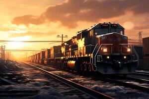 AI generated Railway and freight train at sunset, transportation and logistics concept. photo