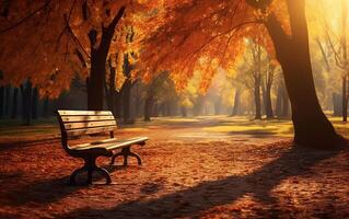 AI generated Wooden bench in the autumn park at sunset. Beautiful landscape. photo