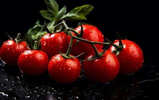 AI generated Fresh cherry tomatoes with basil on a black background. Selective focus. photo