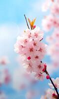 AI generated cherry blossom in spring with blue sky and white clouds background photo